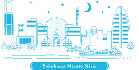 Yokohama Minatomirai 横浜みなとみらい｜ランドマークタワーや赤レンガ倉庫など&hellip;おしゃれなベイエリア横浜みなとみらいの街並み線画イラスト(水色)