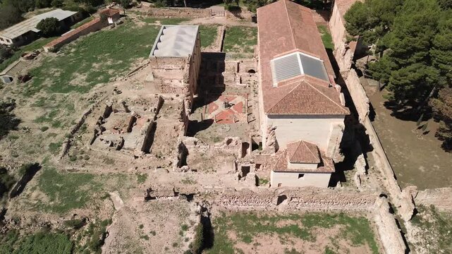 General drone view of the ruins of the cenobitic area and the churches and chapels of the Cartuja Vall de Cristo de Altura, Castell&oacute;n