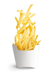 French fries splashing out from white paper box