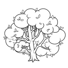 Big lush foliar tree linear drawing for coloring isolated on white background