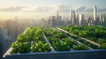 Fototapeta premium A stunning green rooftop garden cityscape featuring vibrant urban agriculture thriving atop buildings