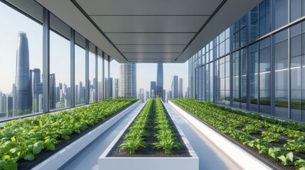 A stunning green rooftop garden cityscape featuring vibrant urban agriculture thriving atop buildings