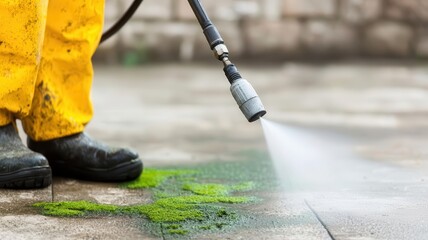 High-pressure water jet clearing moss and algae from old concrete floor, intense cleaning action