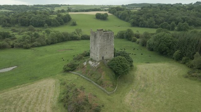 Remains Of Carrigaphooca Castle Near The Macroom, County Cork, Ireland. Aerial Drone Shot