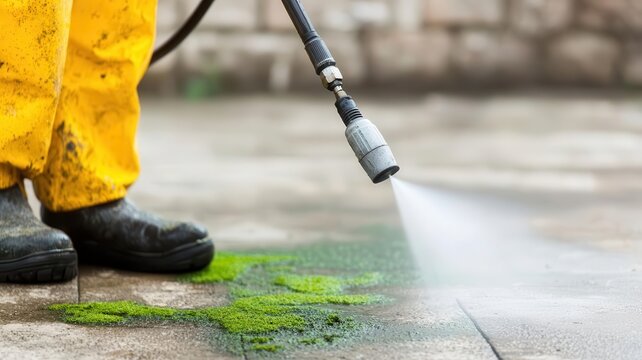 High-pressure water jet clearing moss and algae from old concrete floor, intense cleaning action