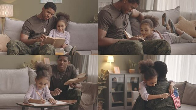 Split screen of Black male soldier returning home to little daughter waiting for him