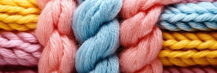 Close - up of knitted wool texture with thick yarn in soft pastel colors