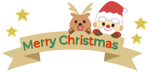 メリークリスマスのロゴとかわいいサンタとトナカイのイラスト