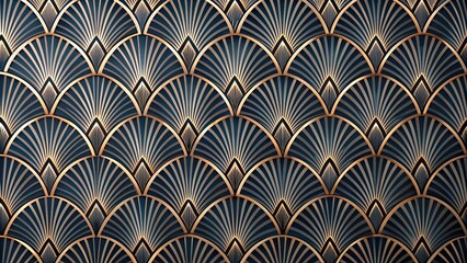 Seamless Golden Art Deco Palm Fan or Shell Line Pattern Vintage. Abstract Geometric Arches Gold Plated Relief Sculpture on Black Background