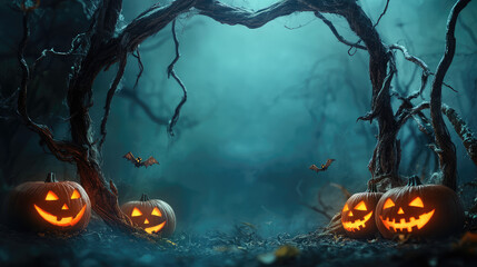 Gnarled tree branches form a spooky frame, flanked by glowing jack-o-lanterns that illuminate the sides with their sinister grins.