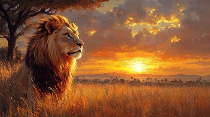 Majestic Lion at Sunset in the Savannah Generative AI