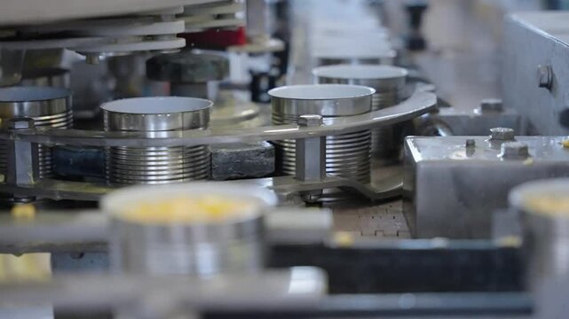 Corn being filled into cans on an automated production line, showcasing packaging, filling machines, food processing, and factory operations. Manufacturing, industrial, and food production footage.
