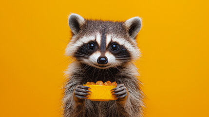 A raccoon is holding a bowl of food in its mouth. AI Generated