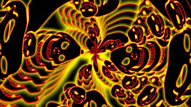 Seamless animation of swirl of psychedelic skulls printed drawn style cartoon. Hypnotic halloween background with marker stroke effect.