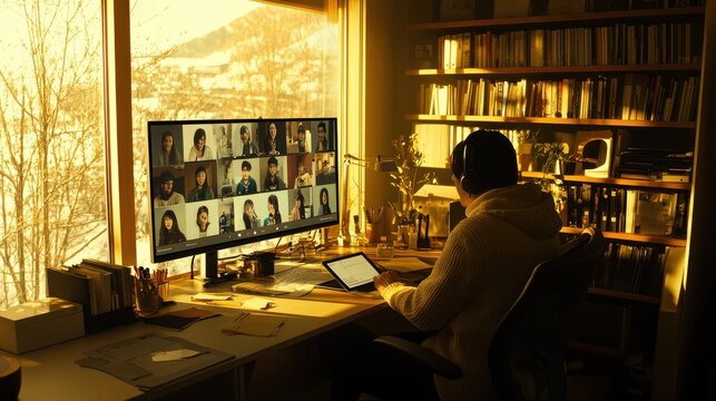 Virtual Team Meeting with Multiple Faces on Screen in a Clean Home Office - Powered by Adobe