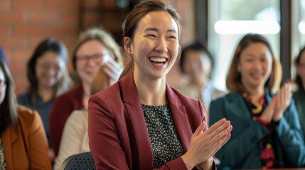 A businesswoman smiling and clapping during celebratory event, surrounded by an audience. Her joyful expression reflects positive atmosphere.