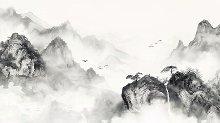 Majestic Misty Mountain Peaks in Traditional Chinese Ink Wash Landscape Painting Style