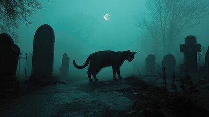 Silhouette of a black cat creeping through a dark, misty graveyard.