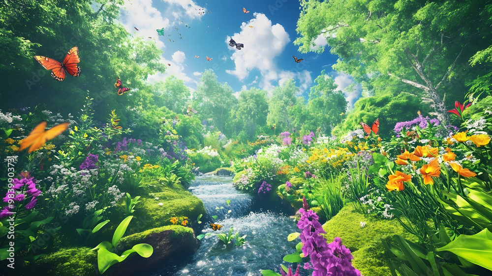 Canvas Prints  featuringa vibrant forest with a streamm flowing through it, surrounded by lush greenery