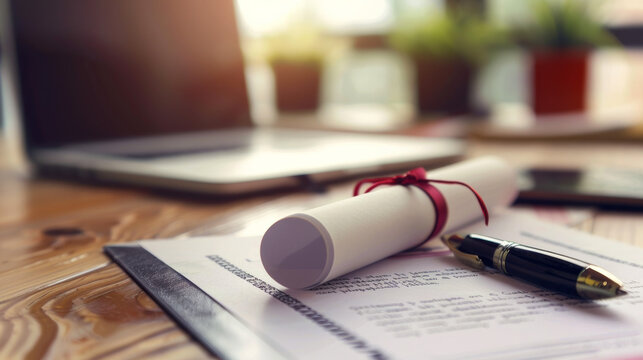 A close up shot of certification diploma on wooden desk, accompanied by pen and laptop, evokes sense of achievement and professionalism.