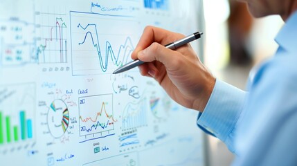Close-up of a financial advisor's hand drawing a wealth management strategy on a digital whiteboard