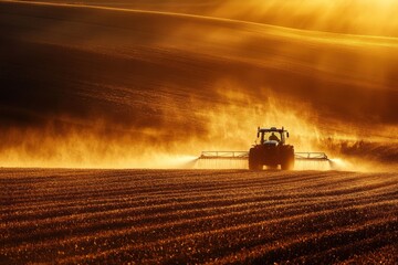 A tractor spraying a field with fertilizers or pesticides at sunset leaving a misty trail behind