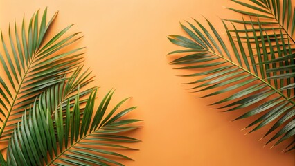 Develop a fresh and lively visual concept with palm leaves in a organic arrangement on a pastel orange background, ideal for nursery or children's branding.