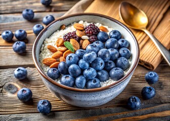 A symphony of shapes and colors in a single bowl, with rounded blueberries, crunchy almonds, and delicate chia seeds arranged artfully, bathed in gentle morning light 