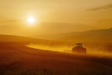Fototapeta premium A tractor spraying a field with fertilizers or pesticides at sunset leaving a misty trail behind