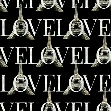 Seamless pattern of Watercolor hand drawn Eiffel Tower on black background. Lettering Love message. Paris France. Print t-shirts, bags, cards, banner, poster, Lifestyle, Travel Tour Eiffel handwritten