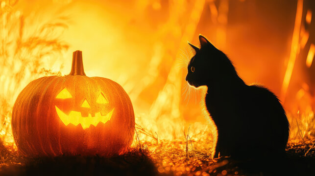 A black cat is sitting in front of a pumpkin with a smiley face on it