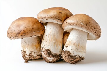 A trio of fresh mushrooms with earthy brown caps and white stems