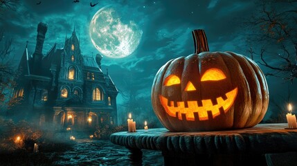 Obraz premium Halloween pumpkin with candlelight in front of a haunted house background,