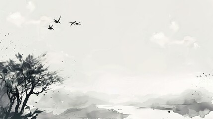 Majestic Misty Mountain Peaks in Traditional Chinese Ink Wash Landscape Painting Style