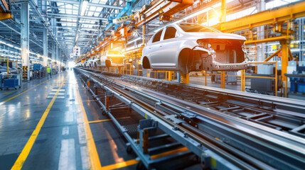 Obraz premium Dramatic shot of factory assembly line with halted car frames, showcasing industrial machinery and production processes.