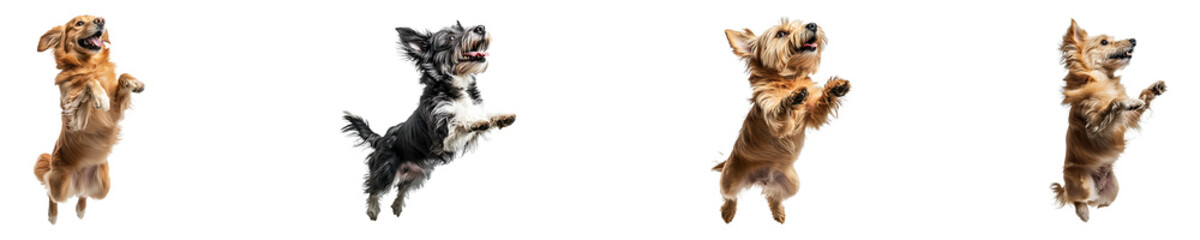 Obraz premium Set, collection of Floating dog jumping trying to bite something isolated on transparent background.