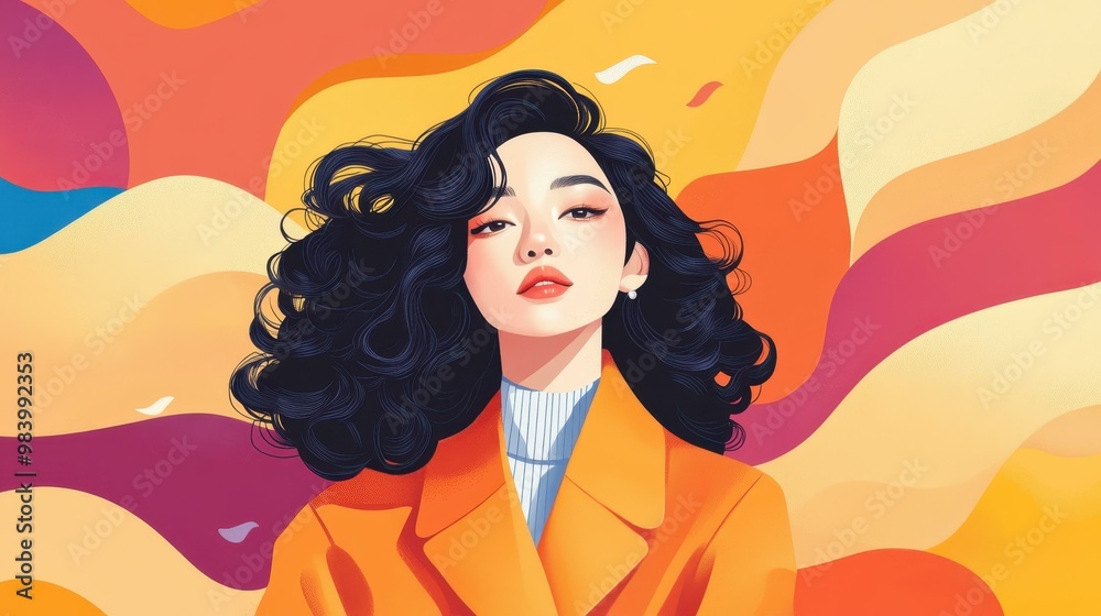 Canvas Prints A stylish Japanese woman with curls is highlighted in this vibrant flat illustration, showcasing her fashion sense.