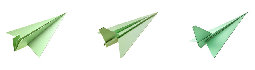 Naklejka premium Set, collection of Floating green paper airplane isolated on transparent background.