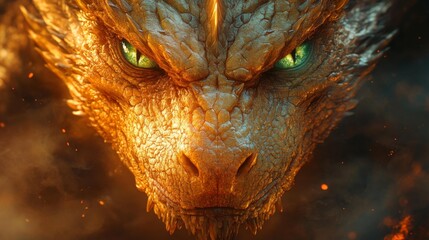 Obraz premium Close-Up of a Fierce Dragon's Face with Glowing Eyes Generative AI