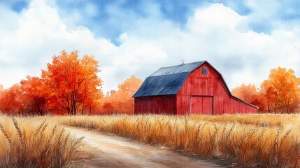 Obraz premium Autumn Country Barn Landscape Generative AI