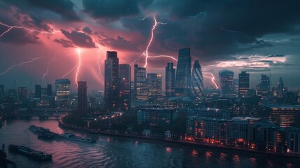 Naklejka premium Dynamic city skyline illuminated by lightning in a stormy sky, showcasing the power of nature against urban life.