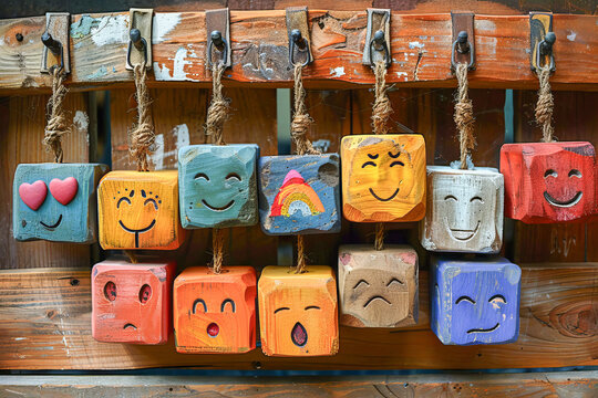 Colorful wooden cubes hanging on a wooden wall expressing different emotions