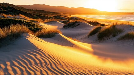 Rolling sand dunes at a beach with golden sunlight casting long shadows over the landscape at sunset, a peaceful coastal scene
