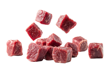 Floating raw meat cubes isolated on transparent background.