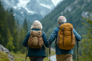 Back view of a senior couple hiking in the mountains, with backpacks & walking sticks on their backs. The background features snow-capped peaks of a mountain range, creating an adventurous atmosphere.