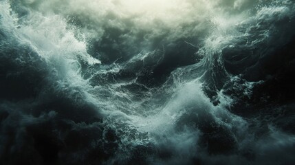 Underwater view of a stormy sea with large rolling waves, blurred abstract patterns of dark water, and shimmering light from the surface