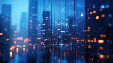 Fototapeta premium The glass facade of a modern office building shines with a cool blue light. The city backdrop is softly blurred, providing a contrast that accentuates the glass's sleek, transparent nature and