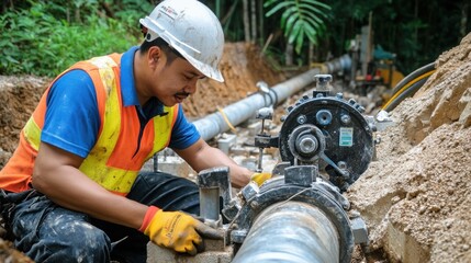 Construction Worker Using a Pipe Cutter on a Pipeline