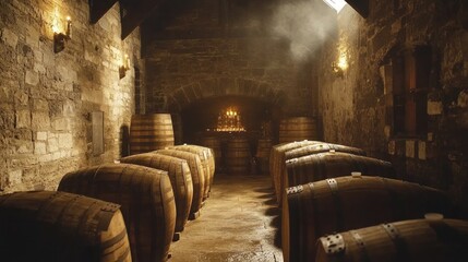 A Stone Cellar Filled with Oak Barrels