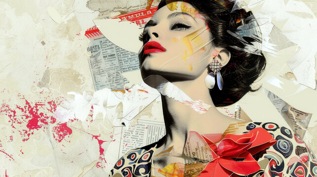 Retro collage with a close-up portrait of a vintage actress model with red lipstick on background with newspaper cutouts and space for text. Classic red and black color scheme.